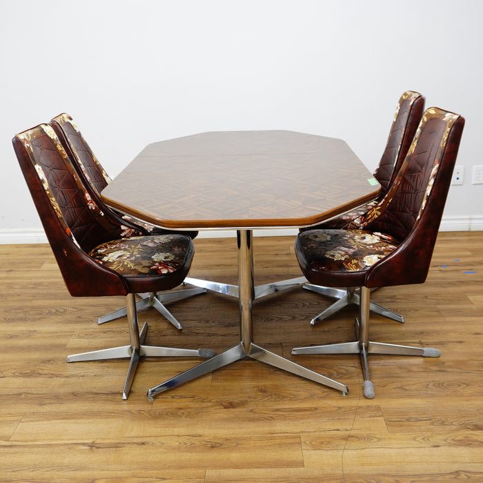48–60×36×29–Inch Retro Dining Set – Extendable Table & 4 Swivel Chairs – Wood & Leather & Chrome