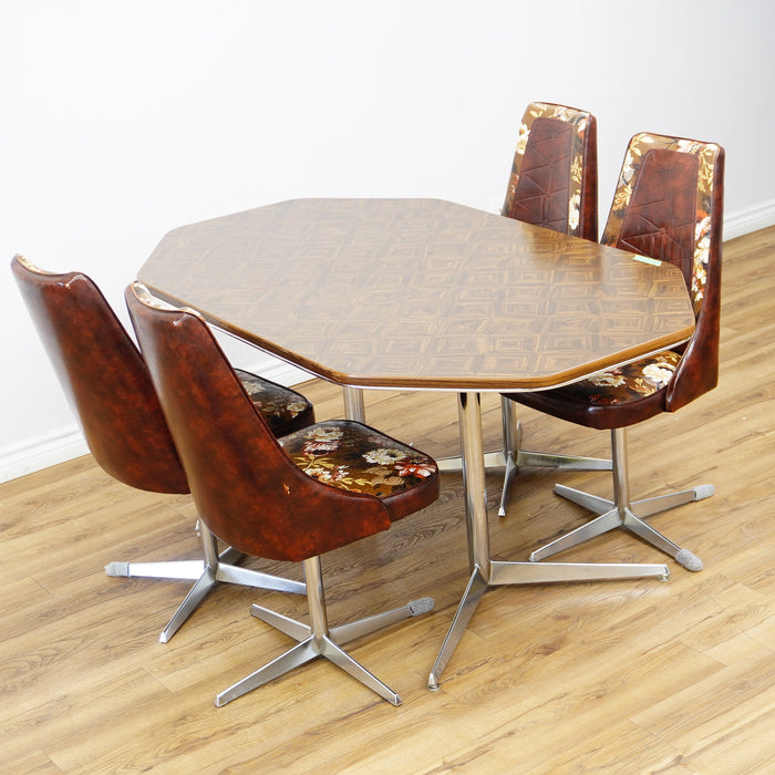 48–60×36×29–Inch Retro Dining Set – Extendable Table & 4 Swivel Chairs – Wood & Leather & Chrome