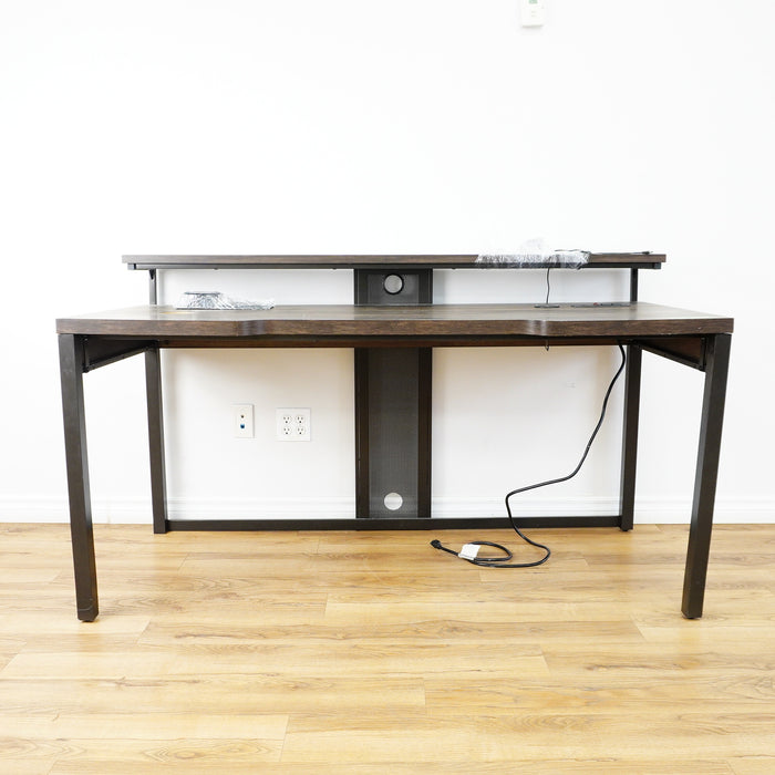 63x28x35-Inch Office Desk – Dark Wood, Black Frame, Raised Shelf, Built-In Power