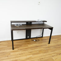 63x28x35-Inch Office Desk – Dark Wood, Black Frame, Raised Shelf, Built-In Power
