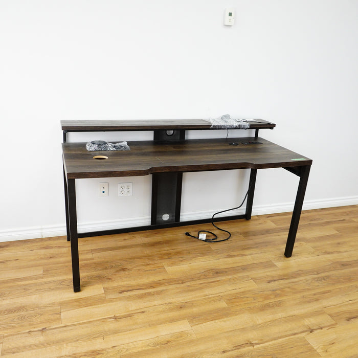 63x28x35-Inch Office Desk – Dark Wood, Black Frame, Raised Shelf, Built-In Power