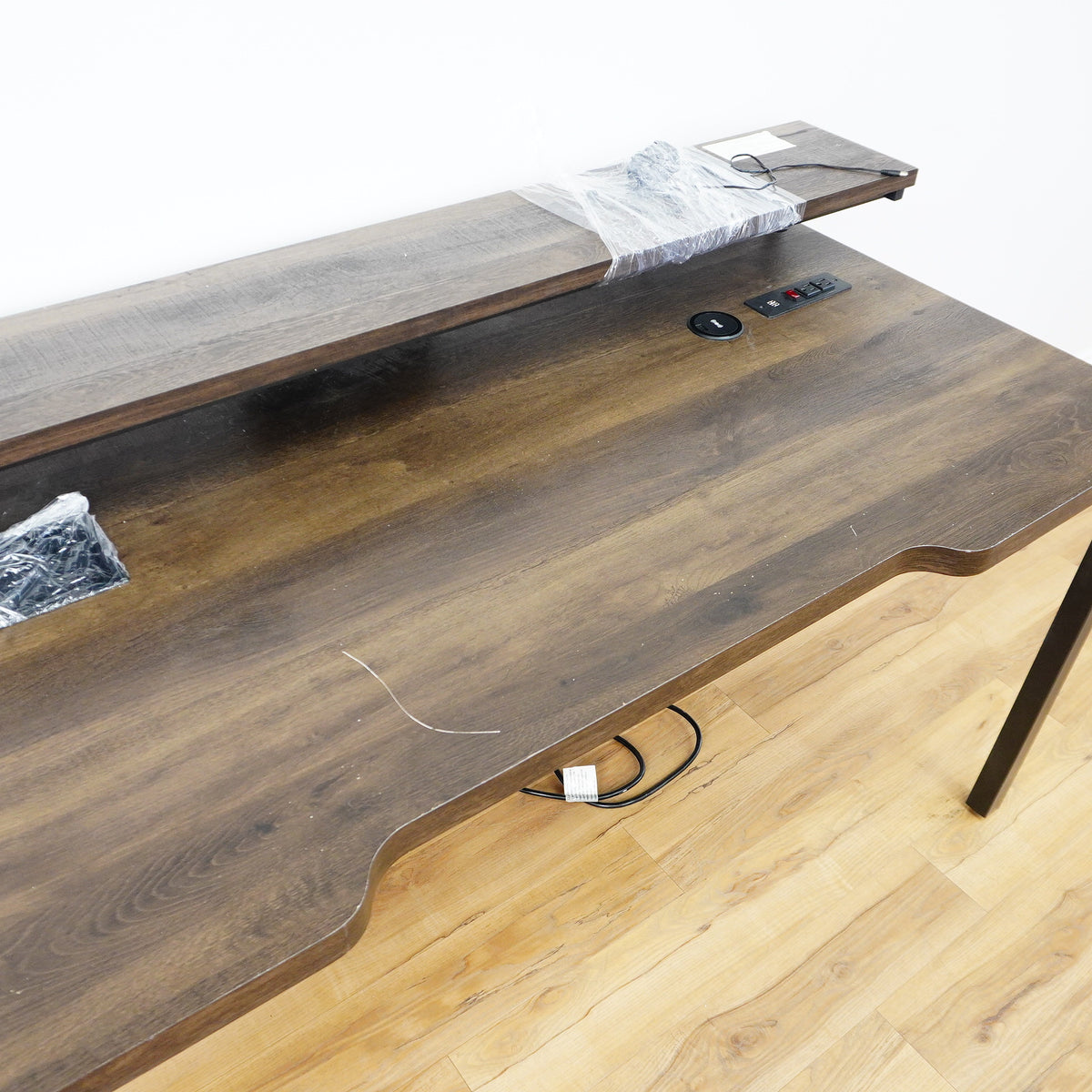 63x28x35-Inch Office Desk – Dark Wood, Black Frame, Raised Shelf, Built-In Power