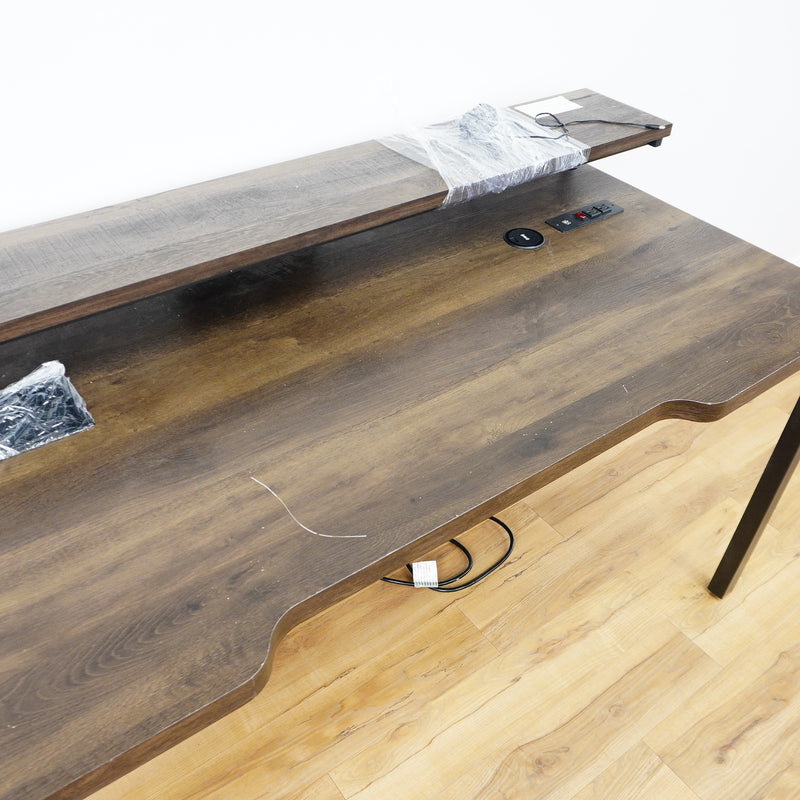 63x28x35-Inch Office Desk – Dark Wood, Black Frame, Raised Shelf, Built-In Power