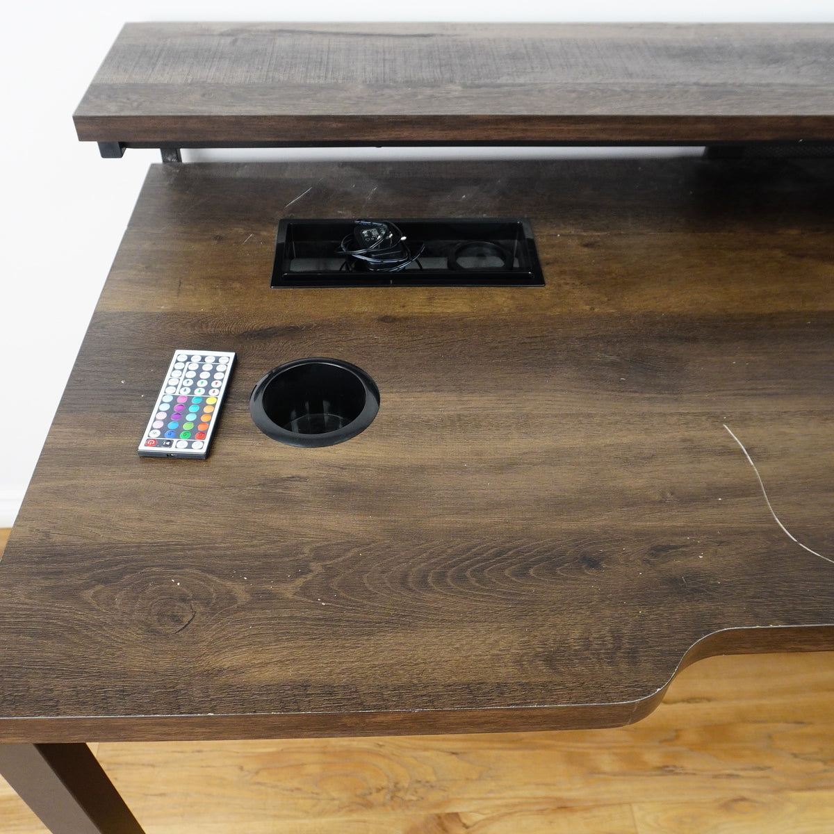 63x28x35-Inch Office Desk – Dark Wood, Black Frame, Raised Shelf, Built-In Power