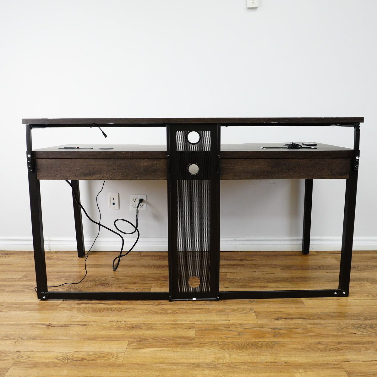 63x28x35-Inch Office Desk – Dark Wood, Black Frame, Raised Shelf, Built-In Power