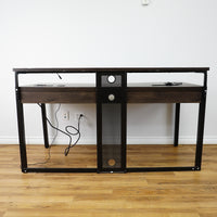 63x28x35-Inch Office Desk – Dark Wood, Black Frame, Raised Shelf, Built-In Power