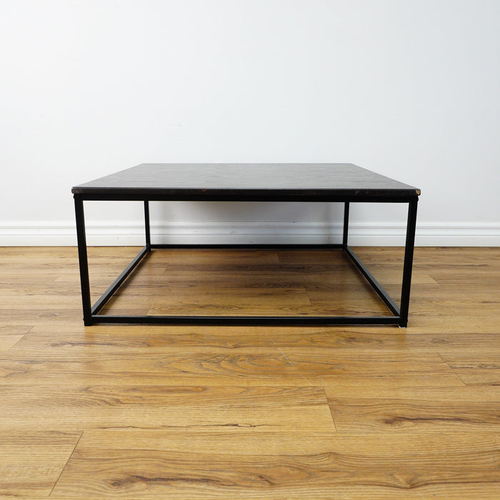 32x32x14-Inch Square Coffee Table – Dark Wood Top, Black Metal Frame