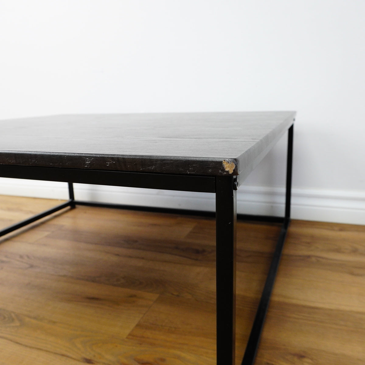 32x32x14-Inch Square Coffee Table – Dark Wood Top, Black Metal Frame
