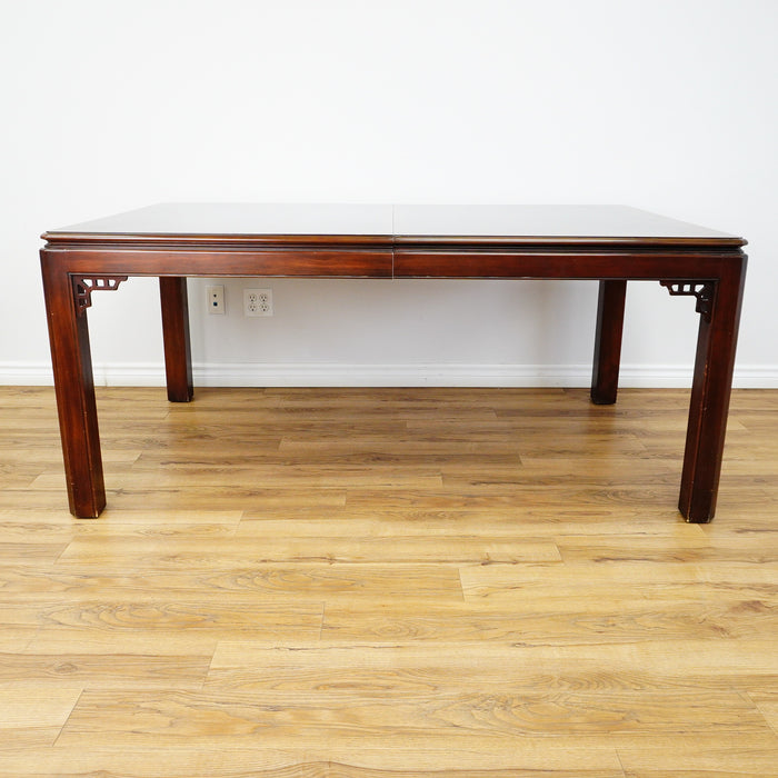 69x43x30-Inch Dining Table – Dark Polished Wood, Carved Corner Details
