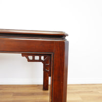 69x43x30-Inch Dining Table – Dark Polished Wood, Carved Corner Details