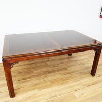 69x43x30-Inch Dining Table – Dark Polished Wood, Carved Corner Details