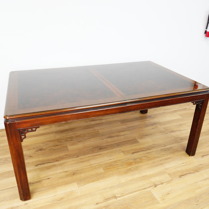 69x43x30-Inch Dining Table – Dark Polished Wood, Carved Corner Details
