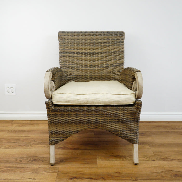 38x25x28-Inch Wicker Armchair – Light Fabric Cushion, Scroll Arms