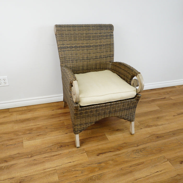 38x25x28-Inch Wicker Armchair – Light Fabric Cushion, Scroll Arms