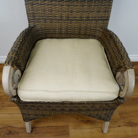 38x25x28-Inch Wicker Armchair – Light Fabric Cushion, Scroll Arms