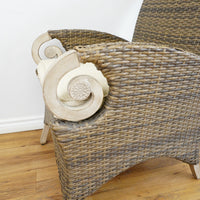 38x25x28-Inch Wicker Armchair – Light Fabric Cushion, Scroll Arms