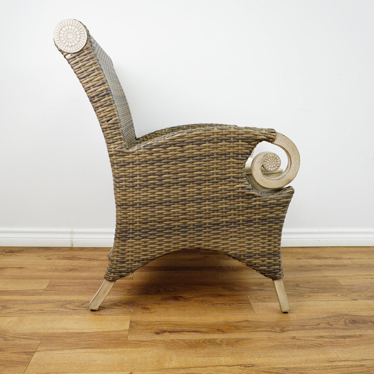 38x25x28-Inch Wicker Armchair – Light Fabric Cushion, Scroll Arms