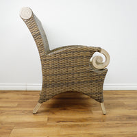 38x25x28-Inch Wicker Armchair – Light Fabric Cushion, Scroll Arms