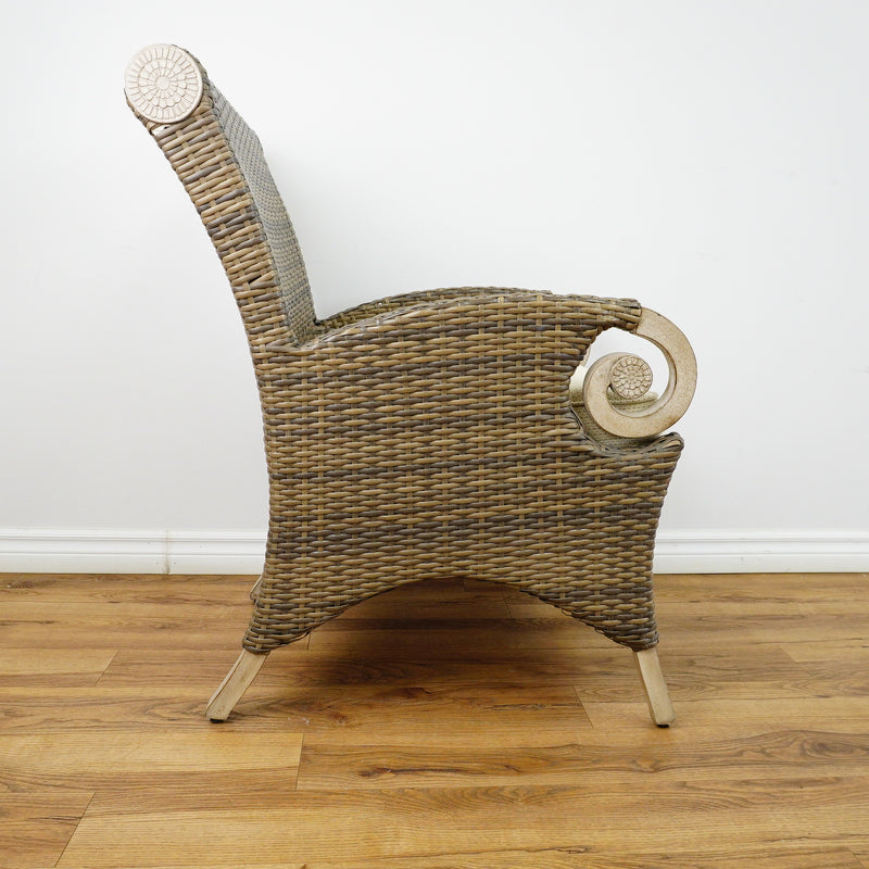 38x25x28-Inch Wicker Armchair – Light Fabric Cushion, Scroll Arms