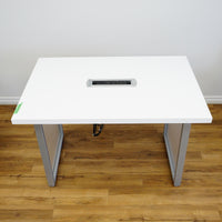 48×32×32‑Inch Office Desk – White Top, Metal Frame, Motorized Power Bar