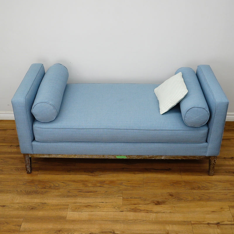 63×29×29–Inch Chaise Lounge – Blue Upholstery, Wooden Legs, 3 Cushions