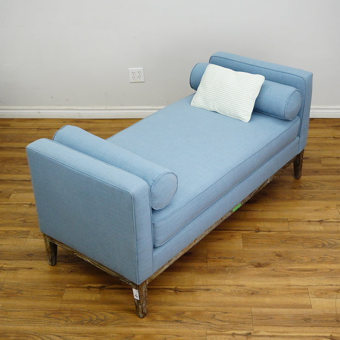 63×29×29–Inch Chaise Lounge – Blue Upholstery, Wooden Legs, 3 Cushions