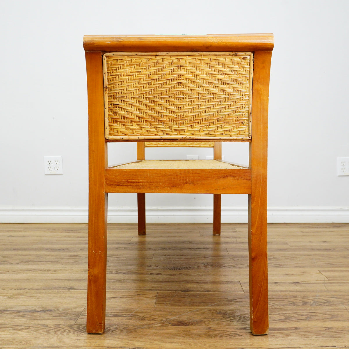 59×18×28–Inch Open Bench – Woven Rattan Seat, Wooden Frame