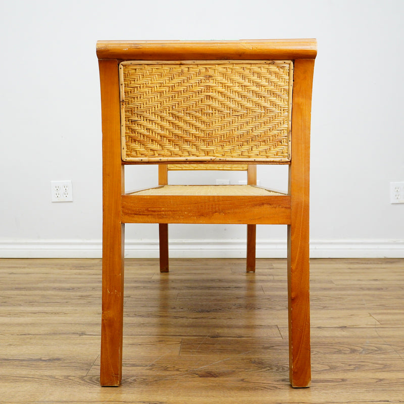 59×18×28–Inch Open Bench – Woven Rattan Seat, Wooden Frame