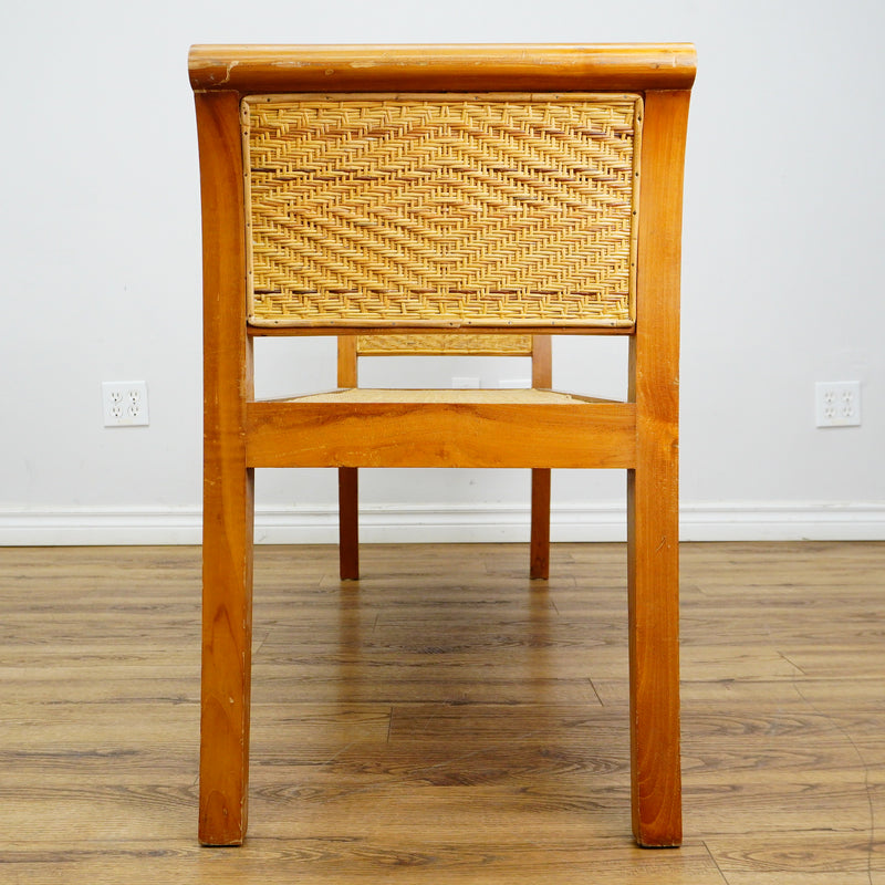 59×18×28–Inch Open Bench – Woven Rattan Seat, Wooden Frame