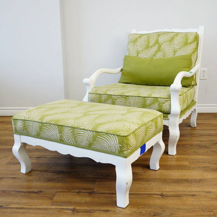 31–Inch W Armchair & Ottoman Set – White Frame, Green Leaf Upholstery