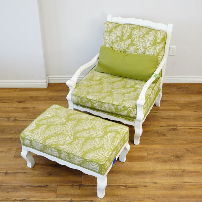 31–Inch W Armchair & Ottoman Set – White Frame, Green Leaf Upholstery