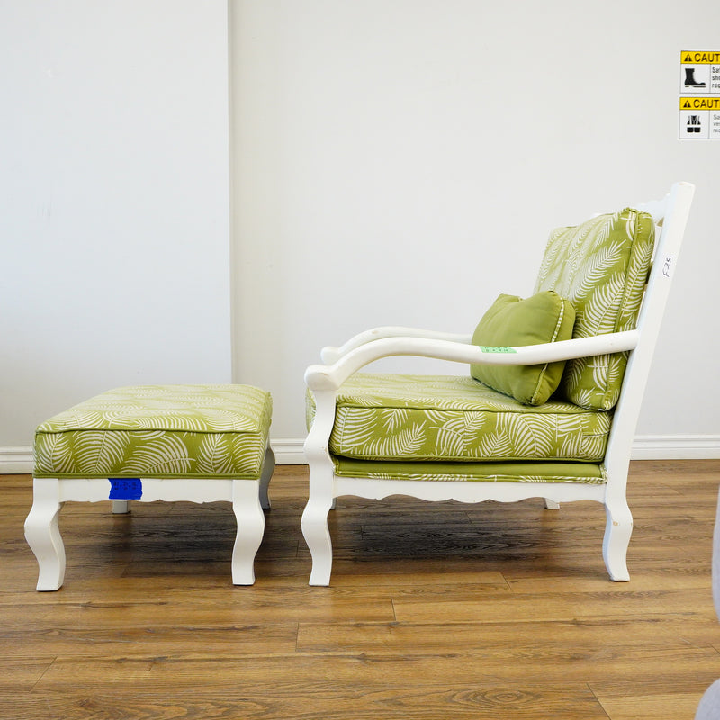 31–Inch W Armchair & Ottoman Set – White Frame, Green Leaf Upholstery