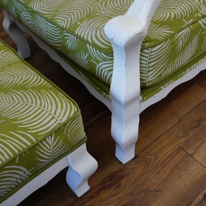 31–Inch W Armchair & Ottoman Set – White Frame, Green Leaf Upholstery