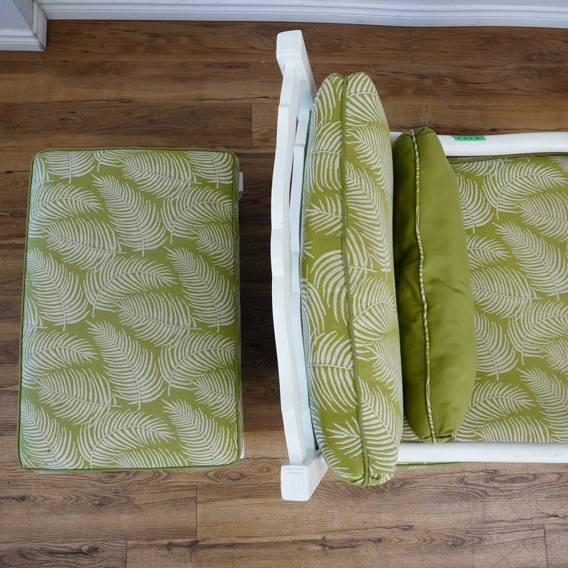 31–Inch W Armchair & Ottoman Set – White Frame, Green Leaf Upholstery