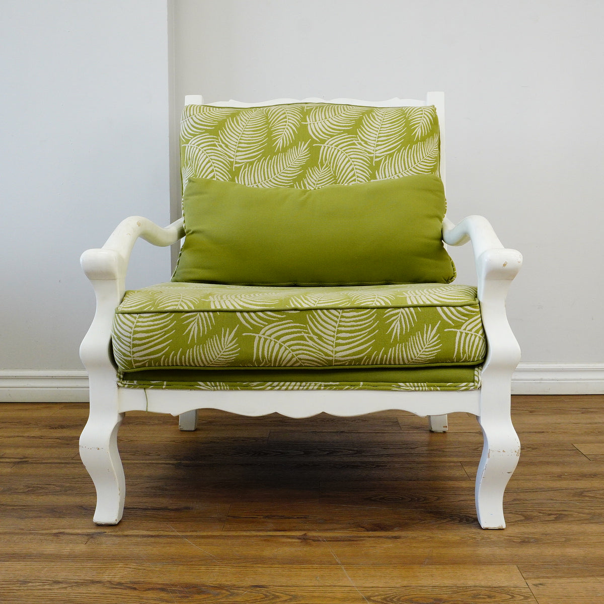 31–Inch W Armchair & Ottoman Set – White Frame, Green Leaf Upholstery