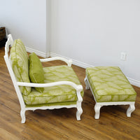 31–Inch W Armchair & Ottoman Set – White Frame, Green Leaf Upholstery