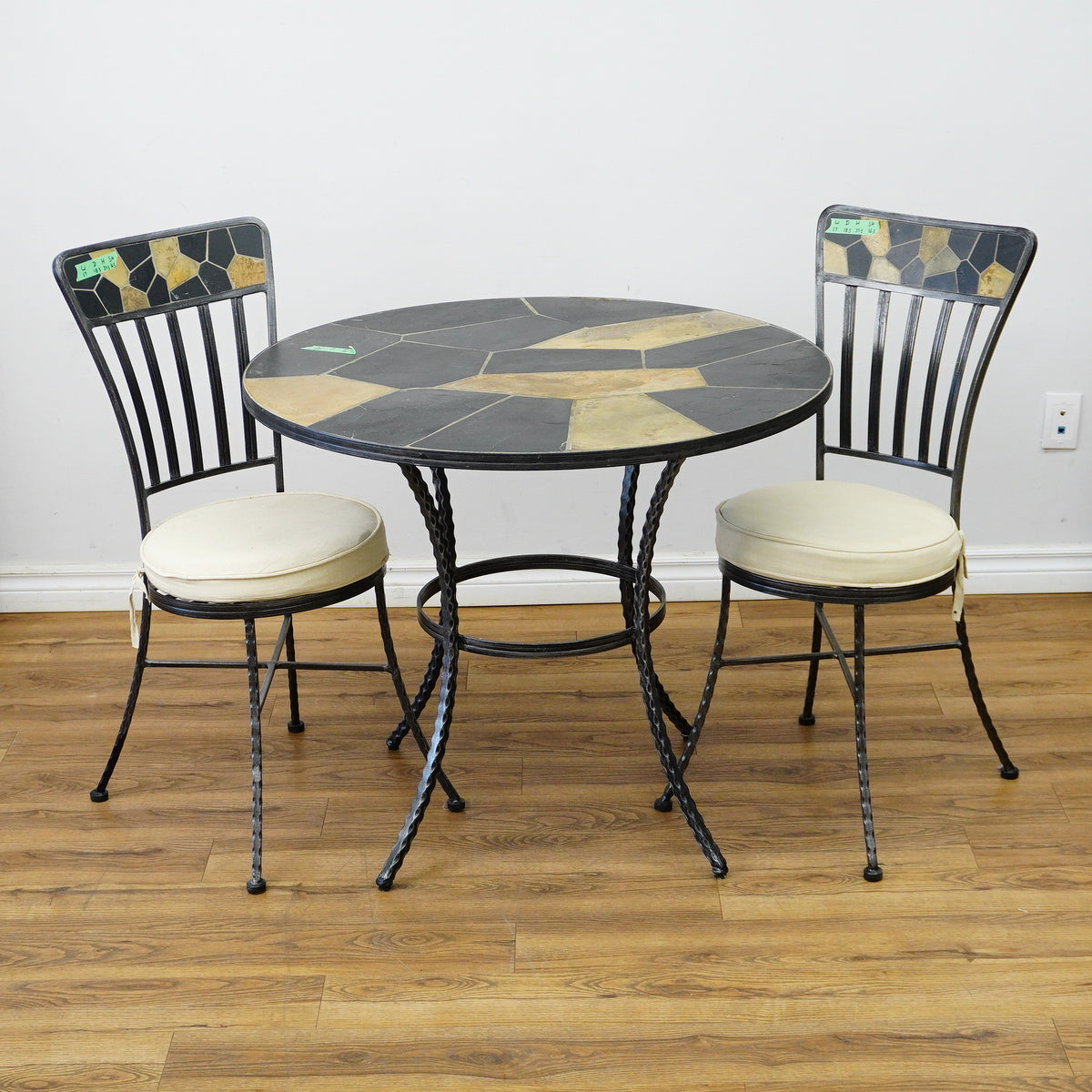 Round Mosaic Bistro Set | 2 Patio Chairs + 36" Table | Wrought Iron + Stone