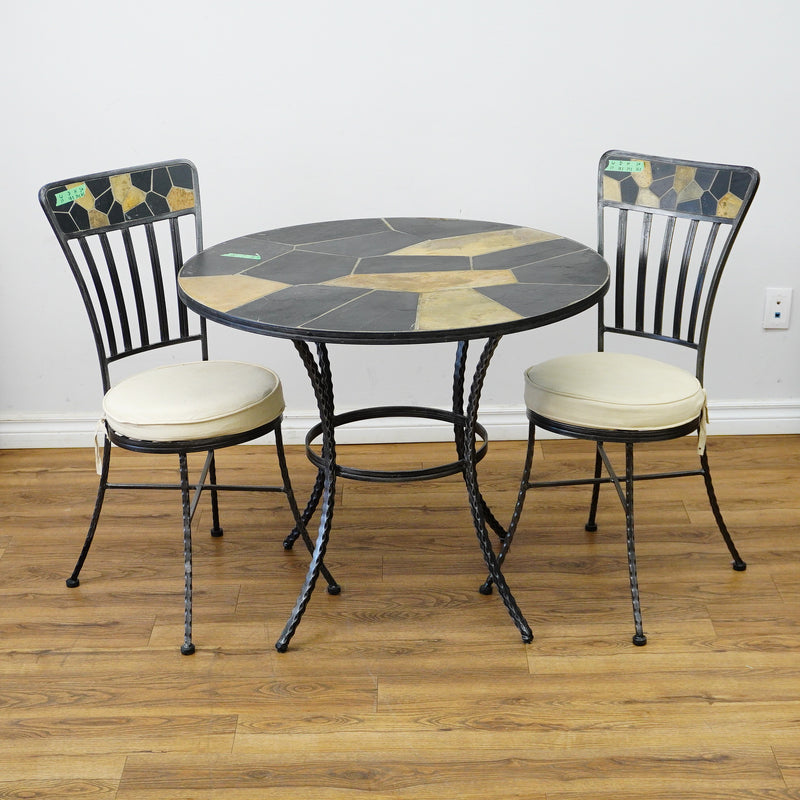 Round Mosaic Bistro Set | 2 Patio Chairs + 36" Table | Wrought Iron + Stone