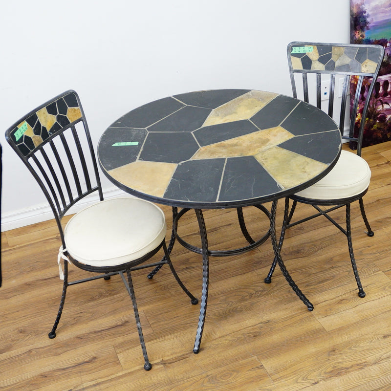 Round Mosaic Bistro Set | 2 Patio Chairs + 36" Table | Wrought Iron + Stone