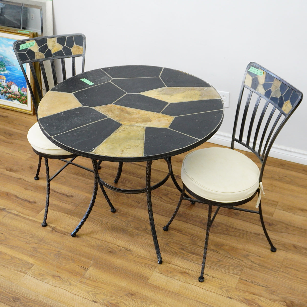 Round Mosaic Bistro Set | 2 Patio Chairs + 36" Table | Wrought Iron + Stone