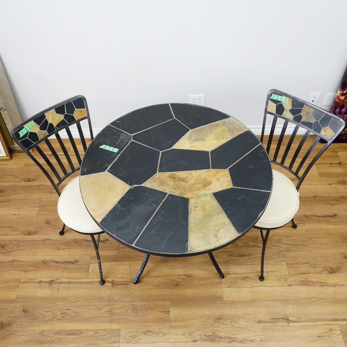 Round Mosaic Bistro Set | 2 Patio Chairs + 36" Table | Wrought Iron + Stone