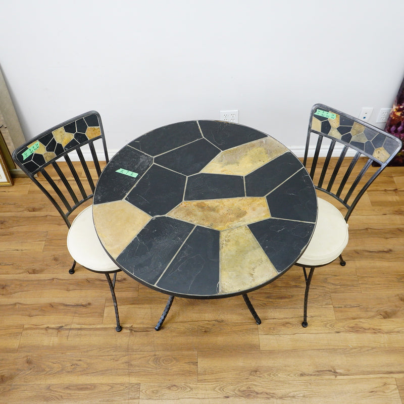 Round Mosaic Bistro Set | 2 Patio Chairs + 36" Table | Wrought Iron + Stone