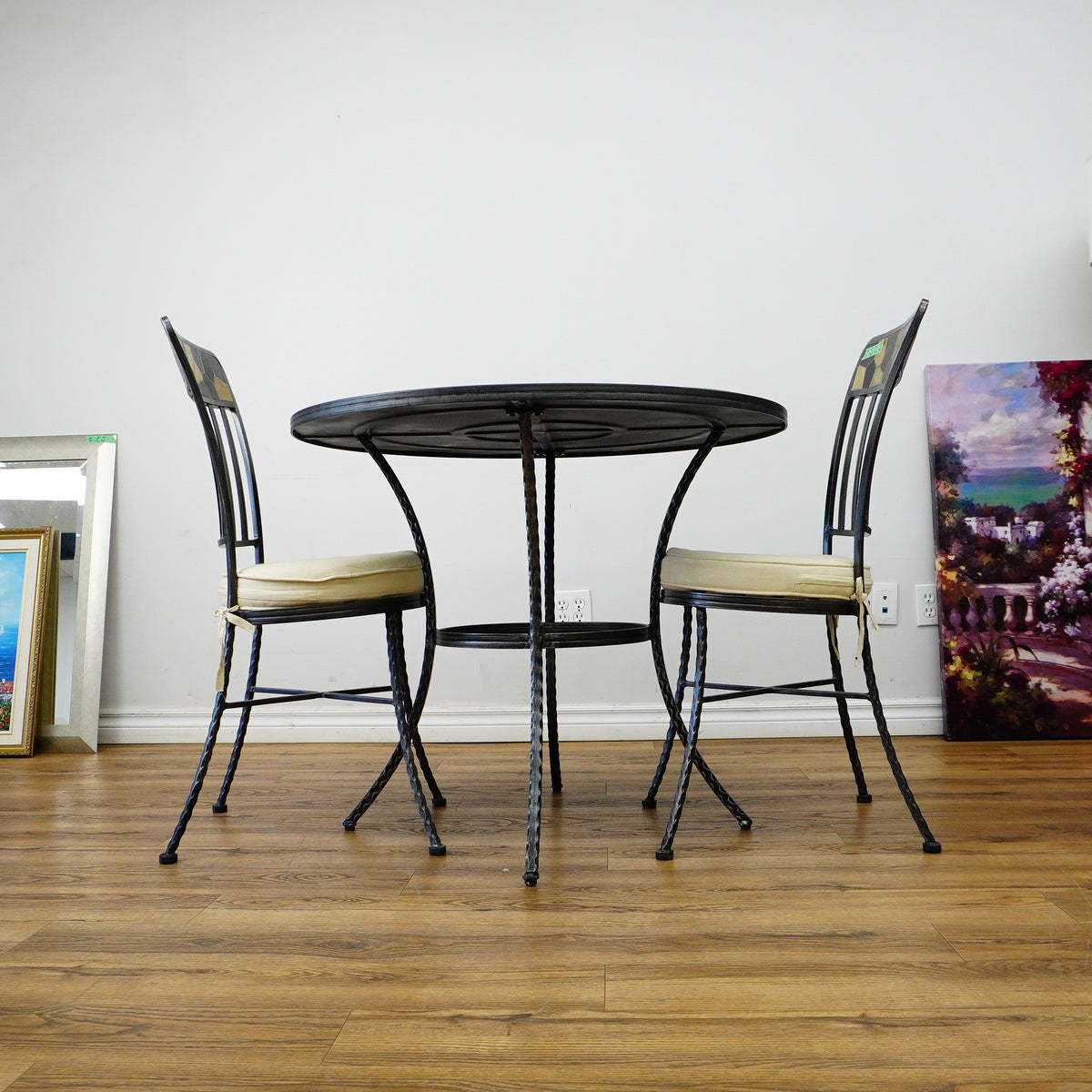 Round Mosaic Bistro Set | 2 Patio Chairs + 36" Table | Wrought Iron + Stone