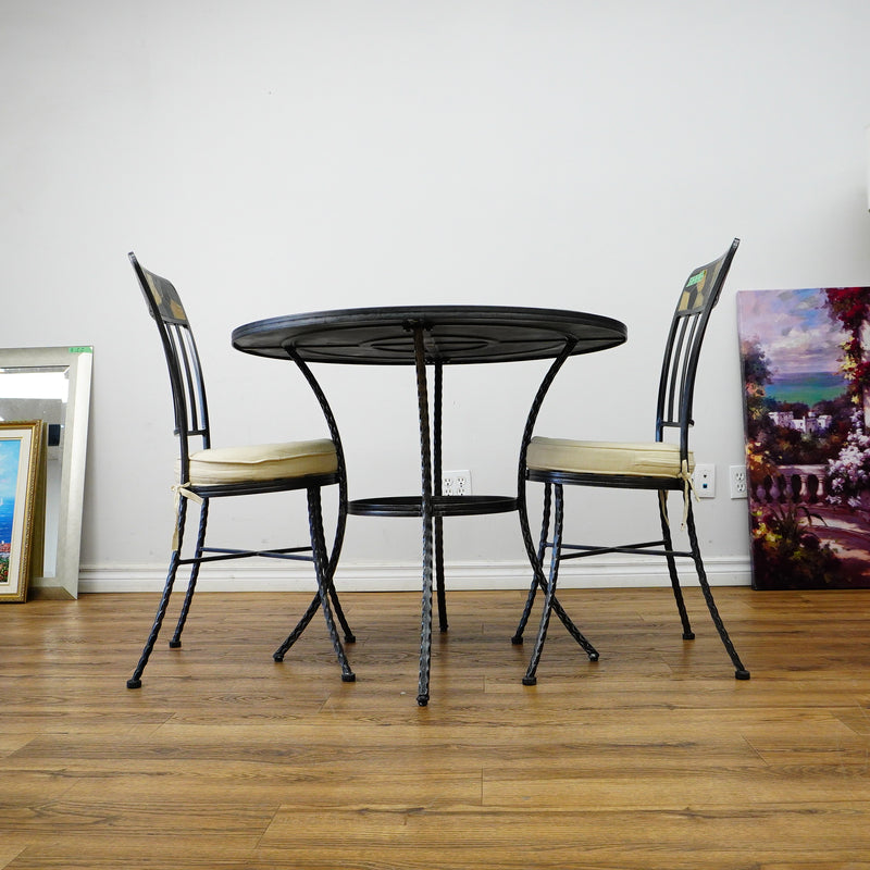 Round Mosaic Bistro Set | 2 Patio Chairs + 36" Table | Wrought Iron + Stone