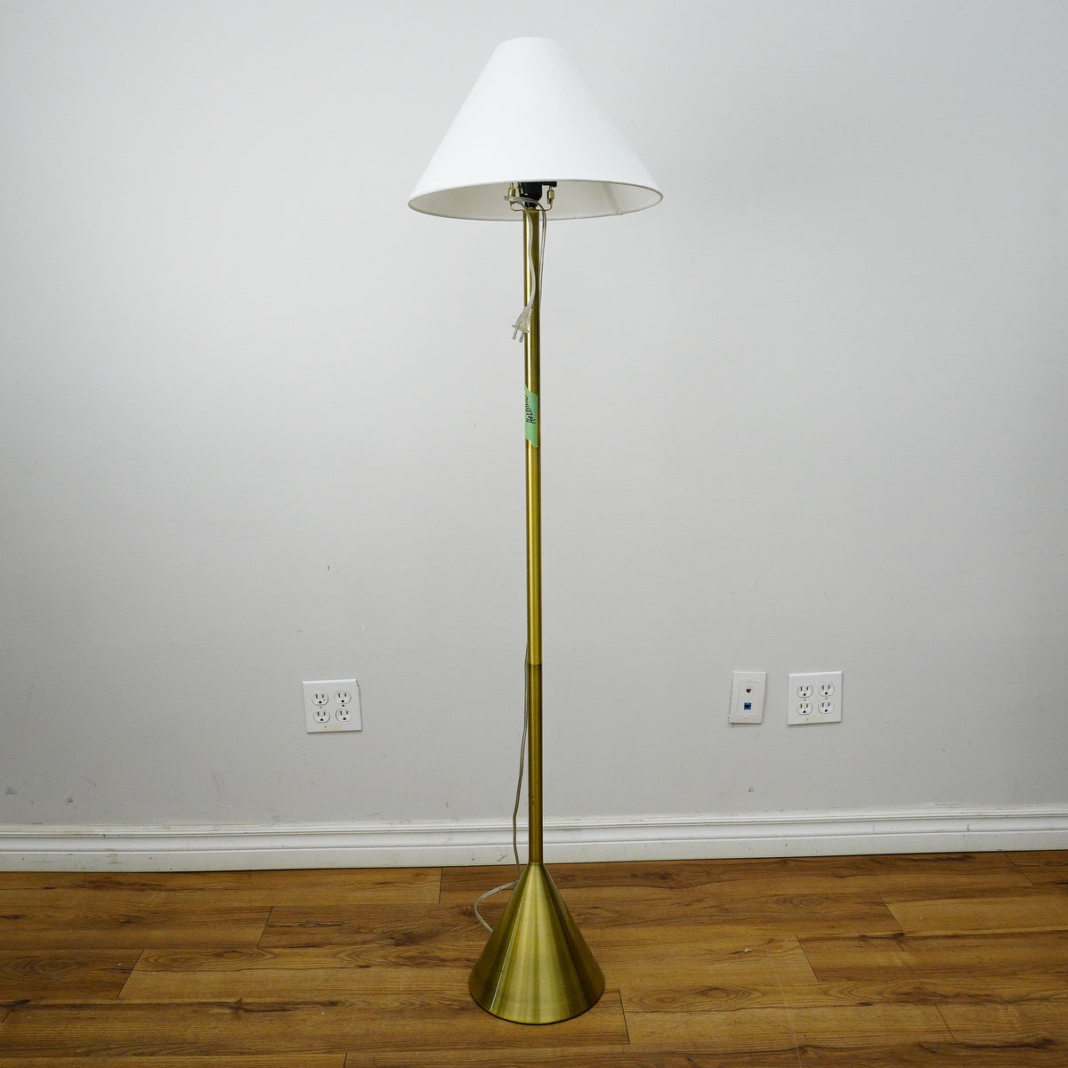 61" Brass Floor Lamp with 9" Round Base & 15" White Conical Shade