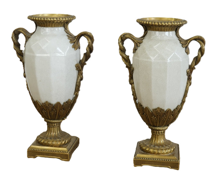 Pair Of Porcelain Vases In Brass Stands