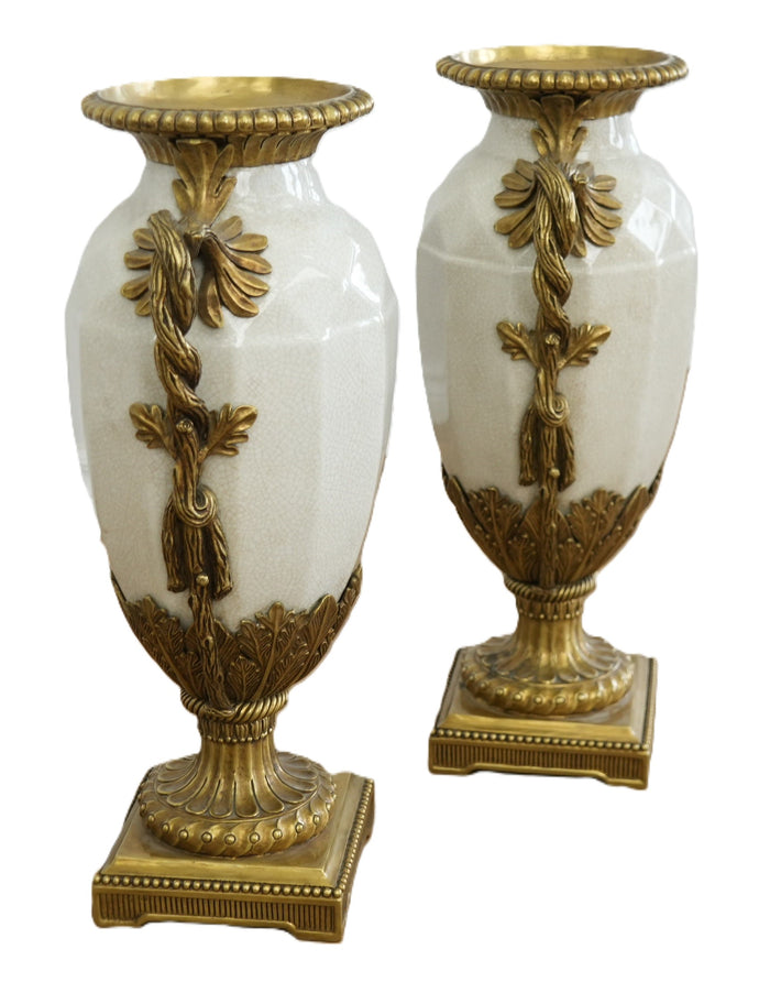 Pair Of Porcelain Vases In Brass Stands
