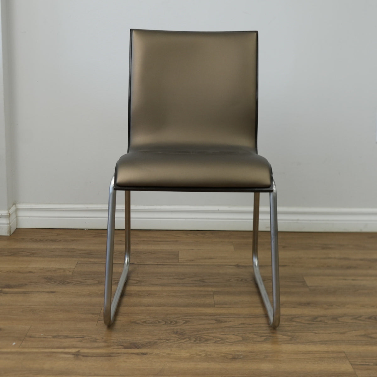 16 Inch W Shiny Brown Faux Leather Side Chair with Metal Base