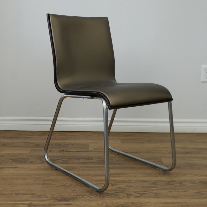 16 Inch W Shiny Brown Faux Leather Side Chair with Metal Base