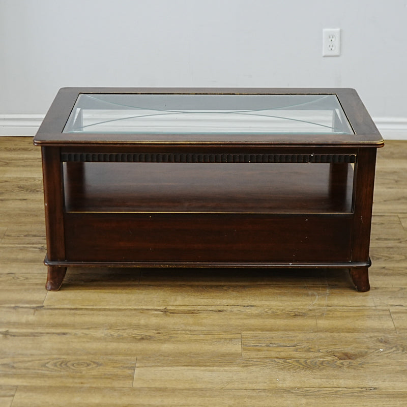 Wooden Coffee Table with Beveled Glass Insert and Storage – 40x24x20-Inch